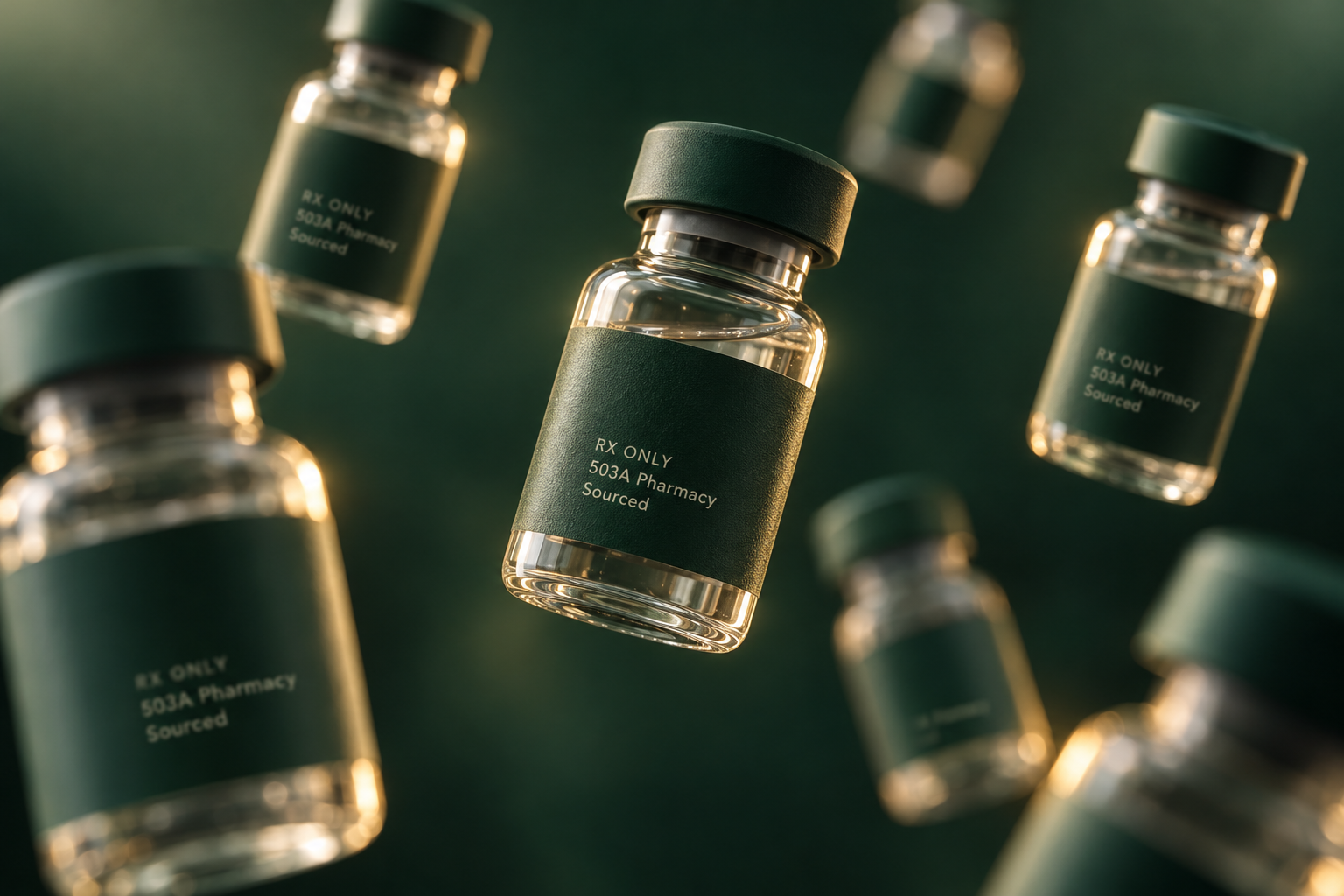 Amber peptide vials floating in warm light