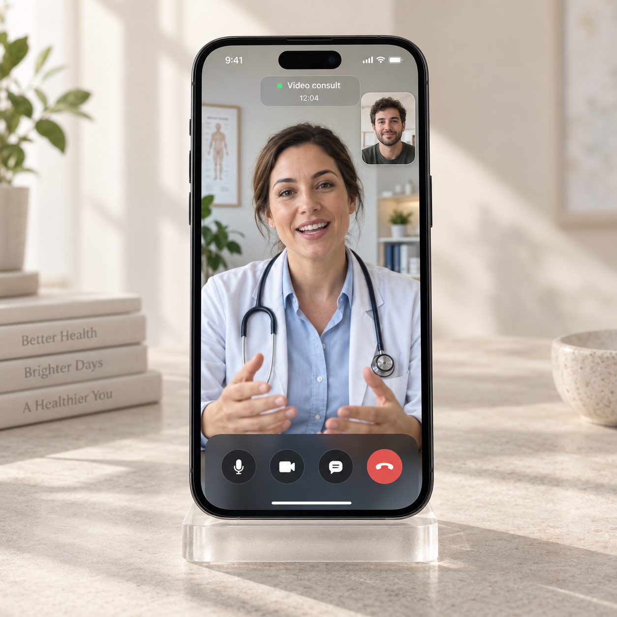 A phone on a stand showing a video consultation with a provider in the Healthaide app